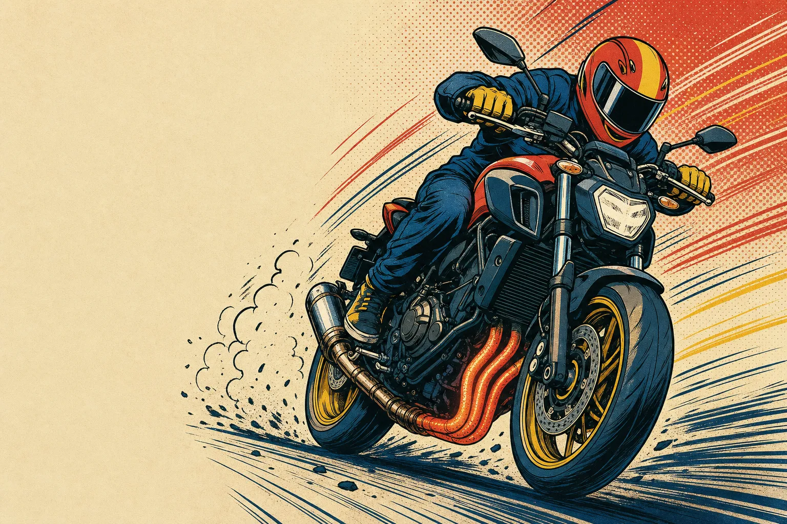 Illustration d'une Yamaha MT-07 lancée, collecteur d'échappement incandescent, style bande dessinée