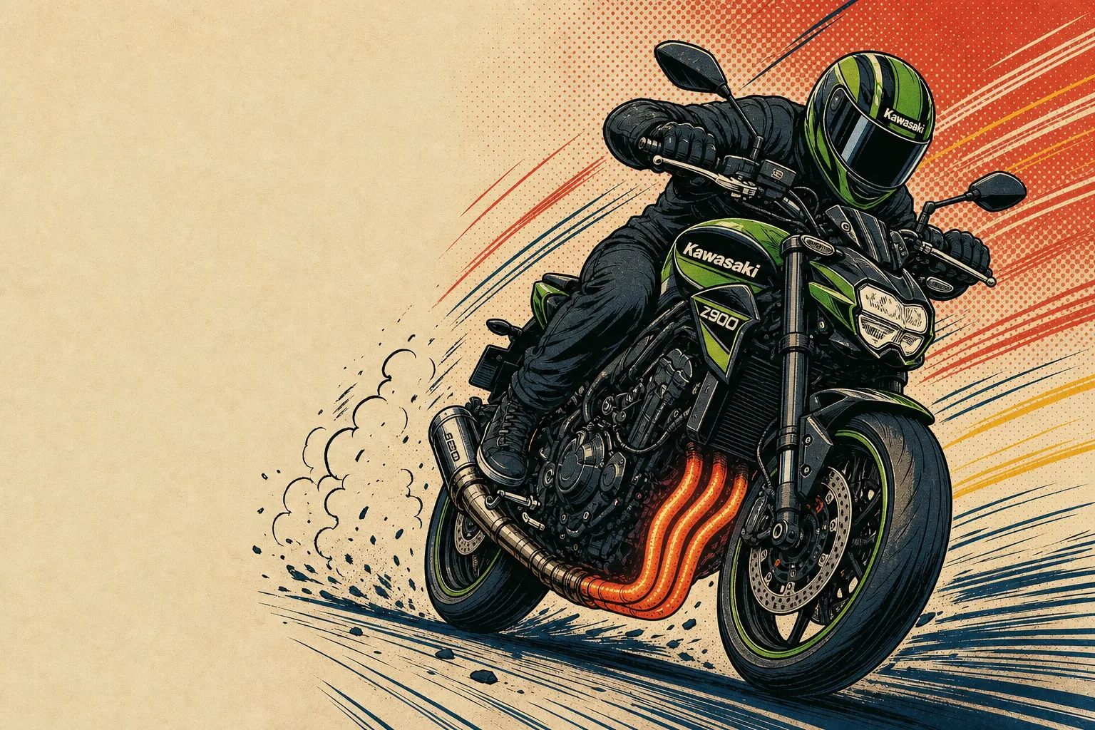 Illustration d'une Kawasaki Z900 lancée, collecteur d'échappement incandescent, style bande dessinée