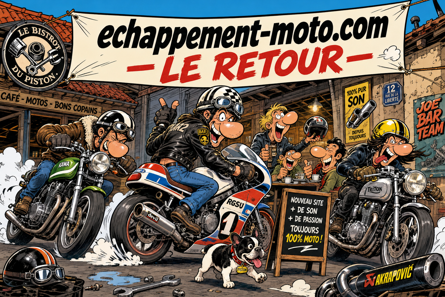 Bande dessinée façon Joe Bar Team : motards lancés devant le Bistrot du Piston, bannière « echappement-moto.com, le retour »